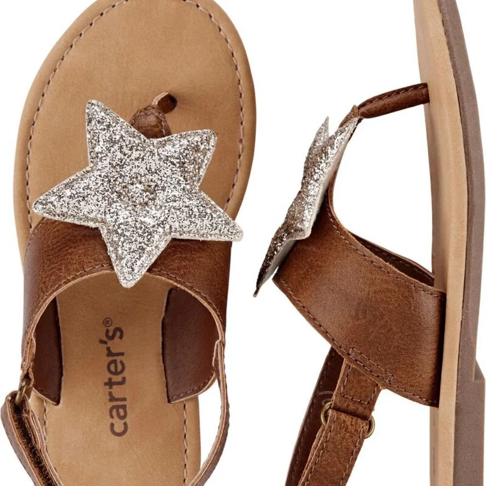 Carter's NWT Baby Girl Size 4 Tan Brown Sandals Gold Glitter Star Summer